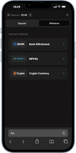 Betninja withdrawal screen with payout methods listed, letting players select a crypto wallet, e-wallet, or card