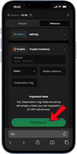 Betninja cashier form for entering the withdrawal amount and destination details, such as a crypto wallet address