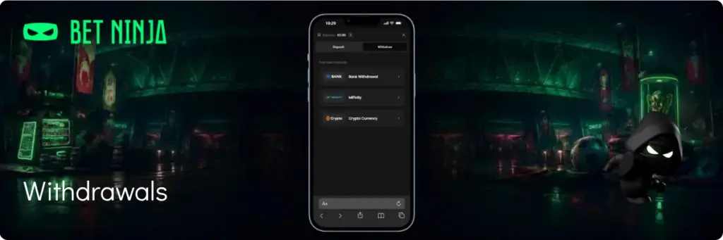 Betninja cashier withdrawal page showing payout methods and minimum amount for UK players